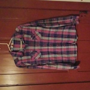 Purple pink blue plaid button up blouse